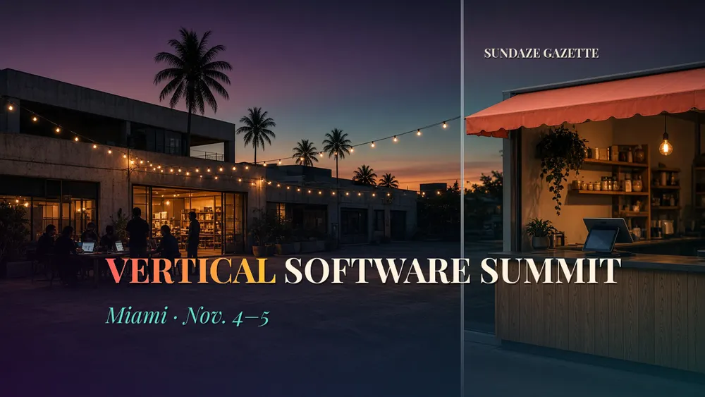 Illustration of string-lit warehouse buildings at dusk beside a lit point-of-sale kiosk, titled Vertical Software Summit, Miami, Nov. 4 to 5
