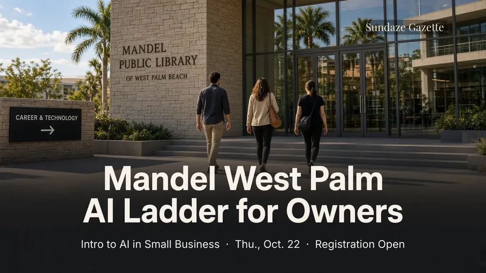 Mandel Public Library West Palm Beach entrance, titled Mandel West Palm AI Ladder for Owners: Intro to AI in Small Business, Thu., Oct. 22, Registration Open.