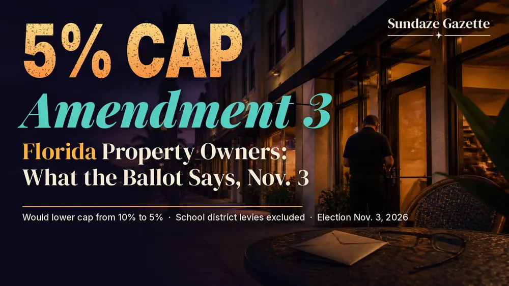 Illustration of a shop owner at a storefront door on a dusk Florida street, with an envelope on a cafe table, under the words 5% Cap, Amendment 3, Nov. 3