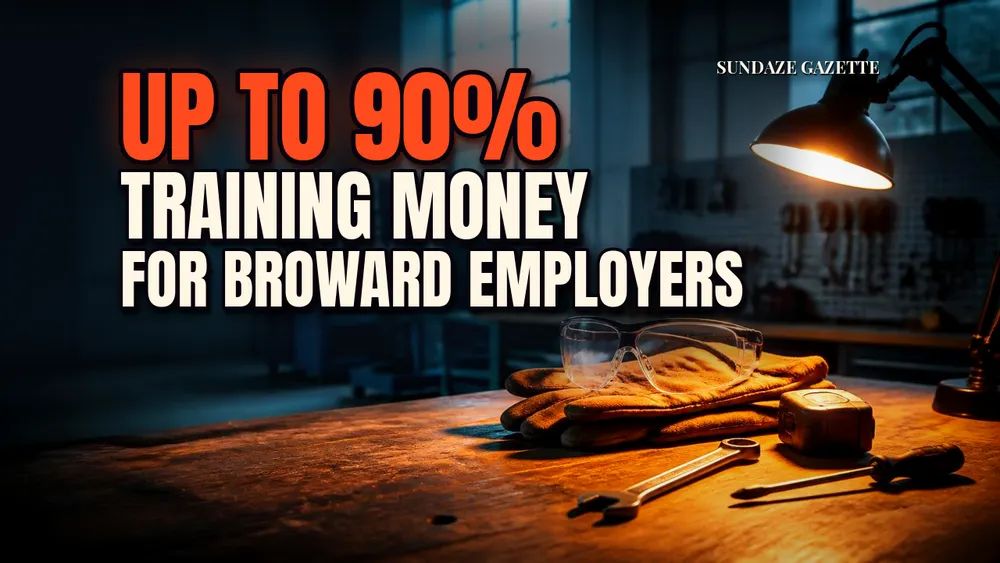 Safety glasses on leather work gloves beside a wrench, tape measure and screwdriver on a lamp lit workshop bench, titled Up to 90% Training Money for Broward Employers.