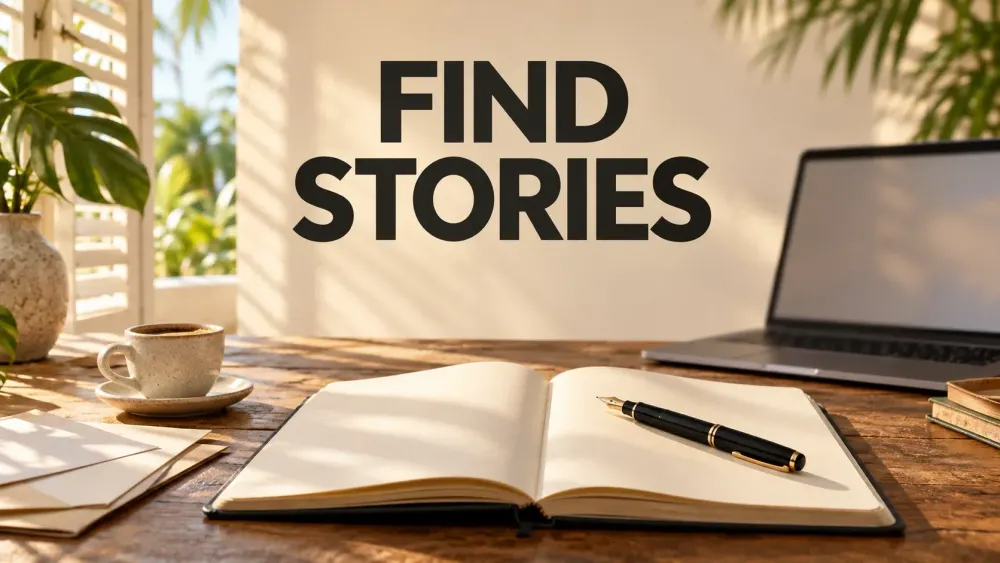 Open notebook and fountain pen on a sunlit desk with a laptop, coffee cup and Find Stories lettering