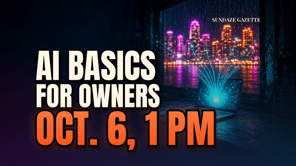 Glowing laptop on a shop counter at night with Miami skyline lights behind, with the headline AI BASICS FOR OWNERS, OCT. 6, 1 PM.