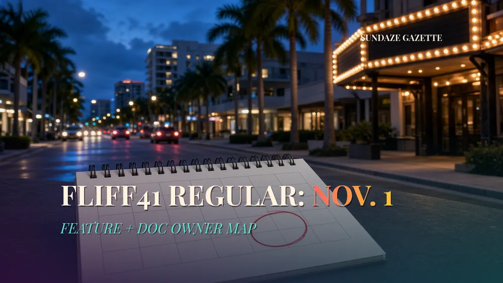 Fort Lauderdale street at dusk with a blank theater marquee and a calendar with a circled date, titled FLIFF41 Regular: Nov. 1, Sundaze Gazette.