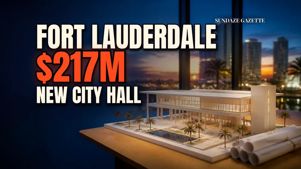 Illustration of a white architectural model of a raised civic building with rolled blank plans and a dusk skyline behind, titled Fort Lauderdale, $217M, New City Hall.
