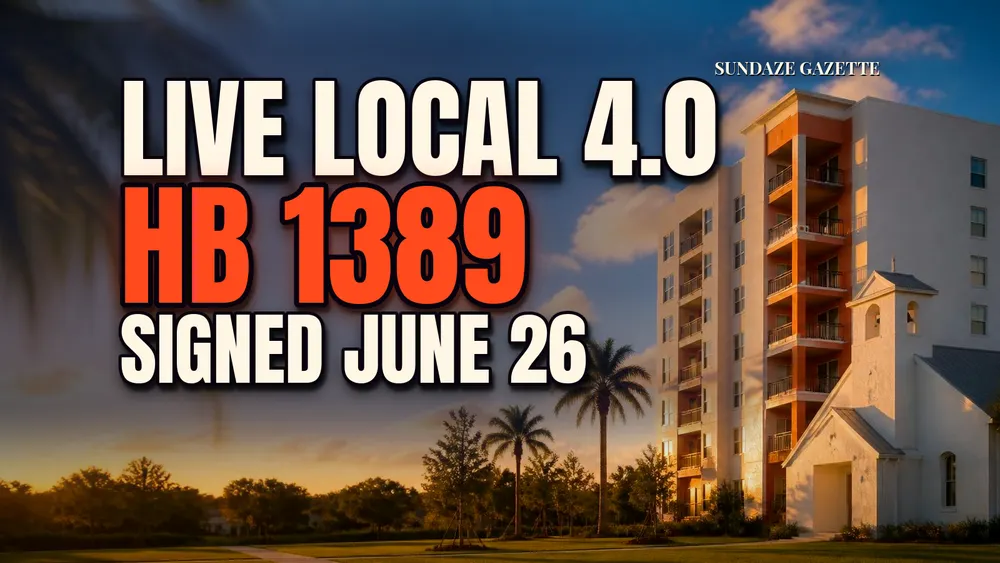 Illustration of a new apartment building beside a small white chapel on a palm lawn at golden hour, titled Live Local 4.0, HB 1389, Signed June 26.