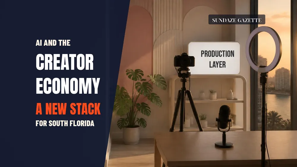 Illustration of an empty Miami home studio with camera, ring light and a lightbox reading Production Layer, beside the words AI and the Creator Economy: A New Stack.