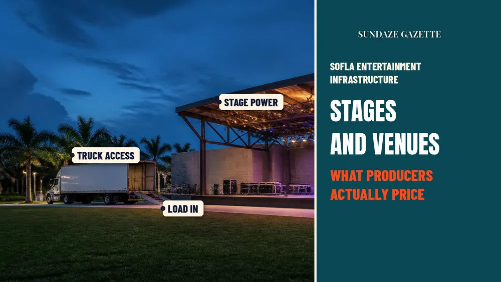 Illustration of an outdoor stage at dusk with a box truck, tagged Truck Access, Load In and Stage Power, beside the words Stages and Venues: What Producers Actually Price.