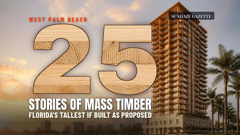 Illustration of a mass timber tower at sunset beside a giant wooden 25, titled West Palm Beach, 25 stories of mass timber, Florida's tallest if built as proposed