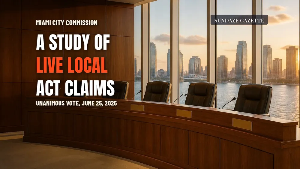 Illustration of an empty city commission dais with blank nameplates and microphones before a window onto Biscayne Bay, titled A Study of Live Local Act Claims