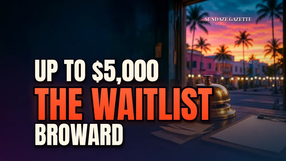 Brass service bell on a shop counter at dusk with receipts, headline Up to $5,000, The Waitlist, Broward.