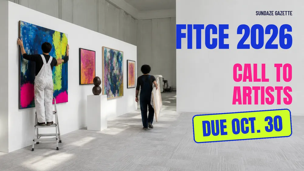 Illustration of two Broward artists seen from behind hanging bold abstract paintings in a bright expo hall, with FITCE 2026 Call to Artists, due Oct. 30, in cobalt, pink and lime