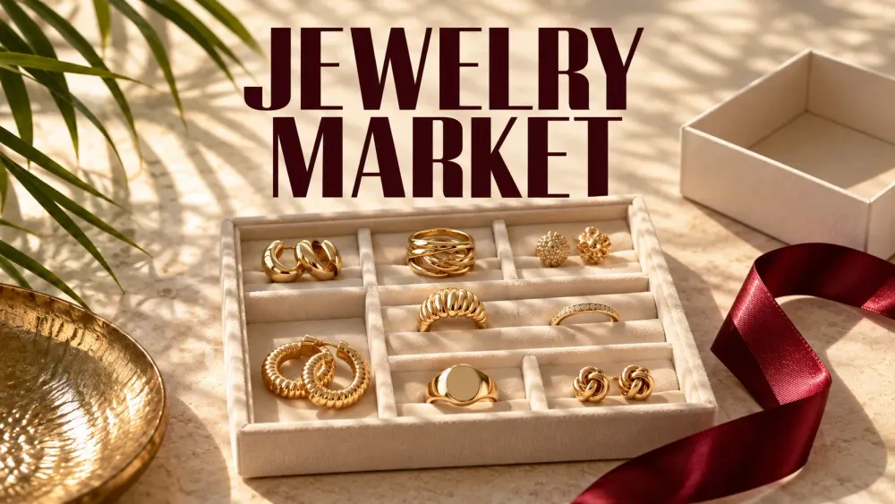 Gold rings and earrings in a cream jewelry tray with burgundy ribbon and Jewelry Market lettering