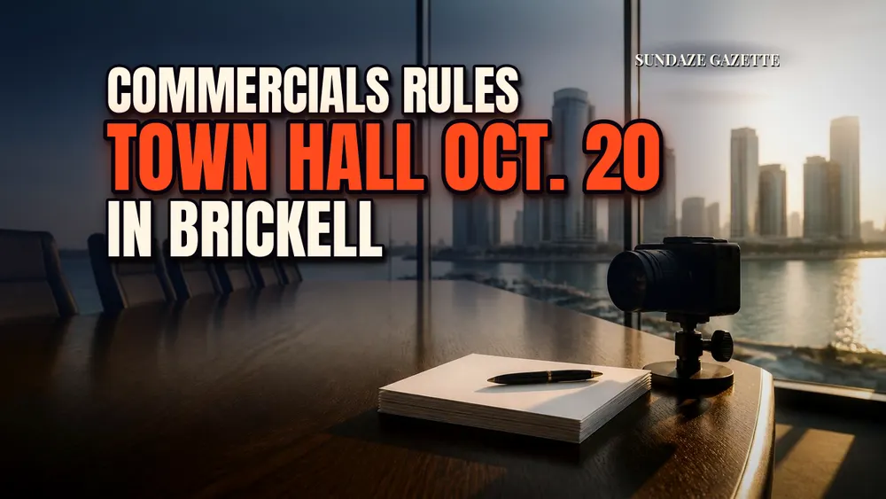 Empty Brickell conference room with blank contract pages, a pen and a small camera on a long table, bay and towers through glass, titled Commercials Rules, Town Hall Oct. 20, In Brickell.