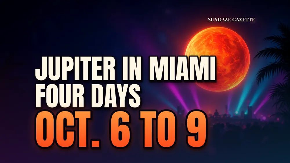 Illustration of a glowing orange planet over a neon-lit festival stage, crowd silhouettes and palm fronds, with the words Jupiter in Miami, Four Days, Oct. 6 to 9.