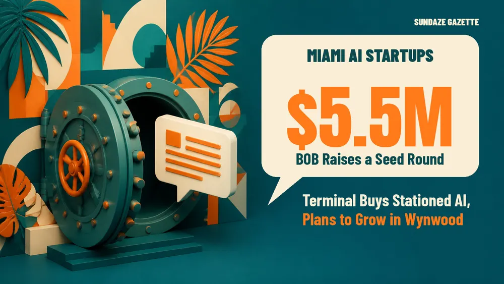 Illustration in teal and tangerine of an open vintage vault by a mural wall, a chat bubble invoice floating out, and a speech bubble reading Miami AI Startups 5.5M