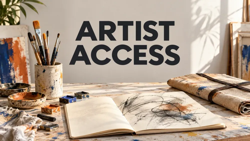 Illustrated sunlit artist workspace with sketchbook, brushes, paint palettes and rolled canvas beneath the words Artist Access