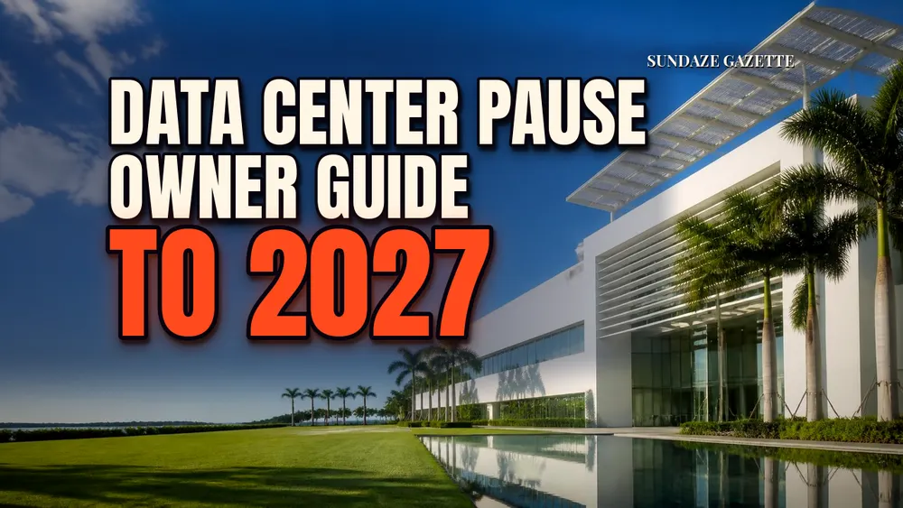Sleek white data center campus with a rooftop solar canopy, royal palms and a reflecting pool under bright blue morning sky; headline DATA CENTER PAUSE, OWNER GUIDE, TO 2027