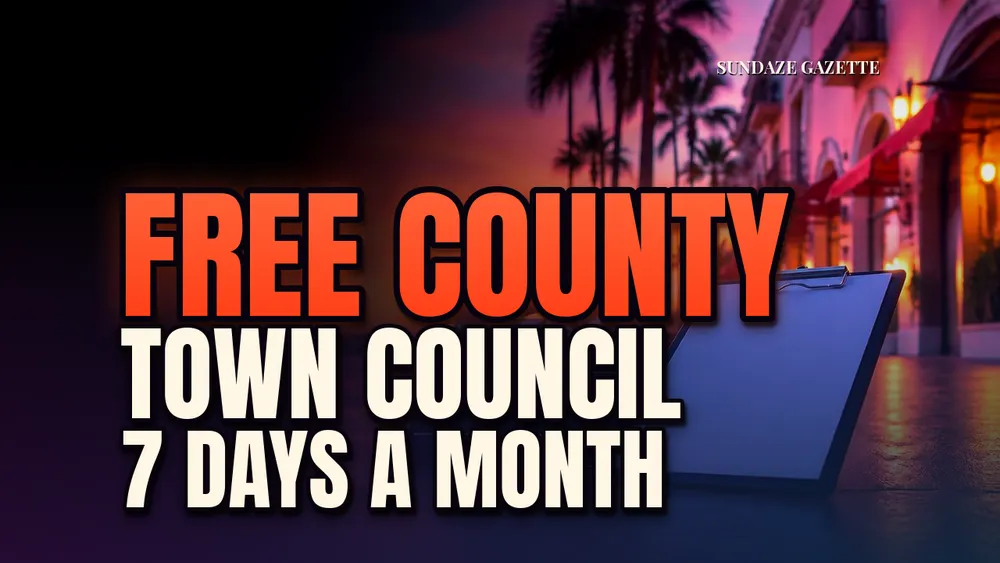 Permit clipboard on a Palm Beach sidewalk at dusk under palms and storefront arches, headline FREE COUNTY, TOWN COUNCIL, 7 DAYS A MONTH