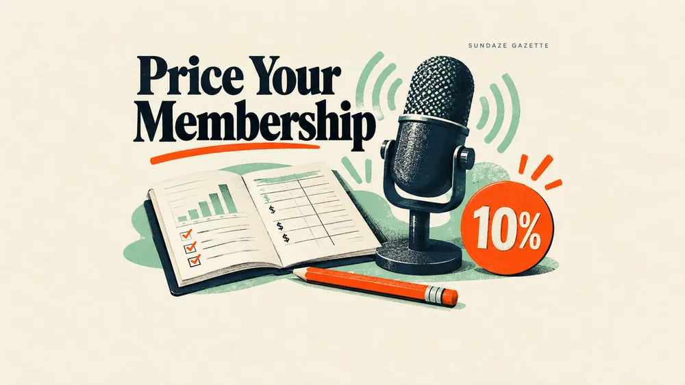 Illustration of a studio microphone, open accounting ledger, orange pencil and 10% symbol beneath the words Price Your Membership.