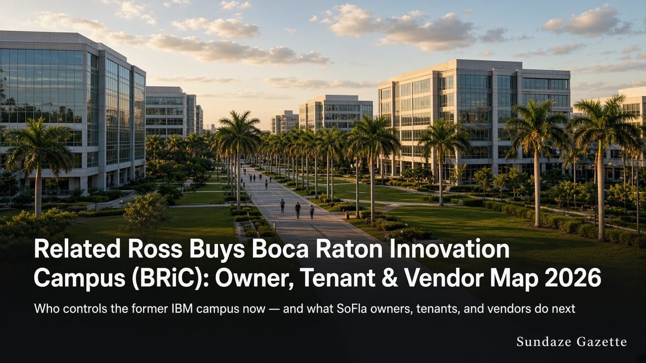Golden-hour view down a palm-lined campus promenade between glass mid-rise office buildings at Boca Raton Innovation Campus (BRiC), with designed headline Related Ross Buys Boca Raton Innovat