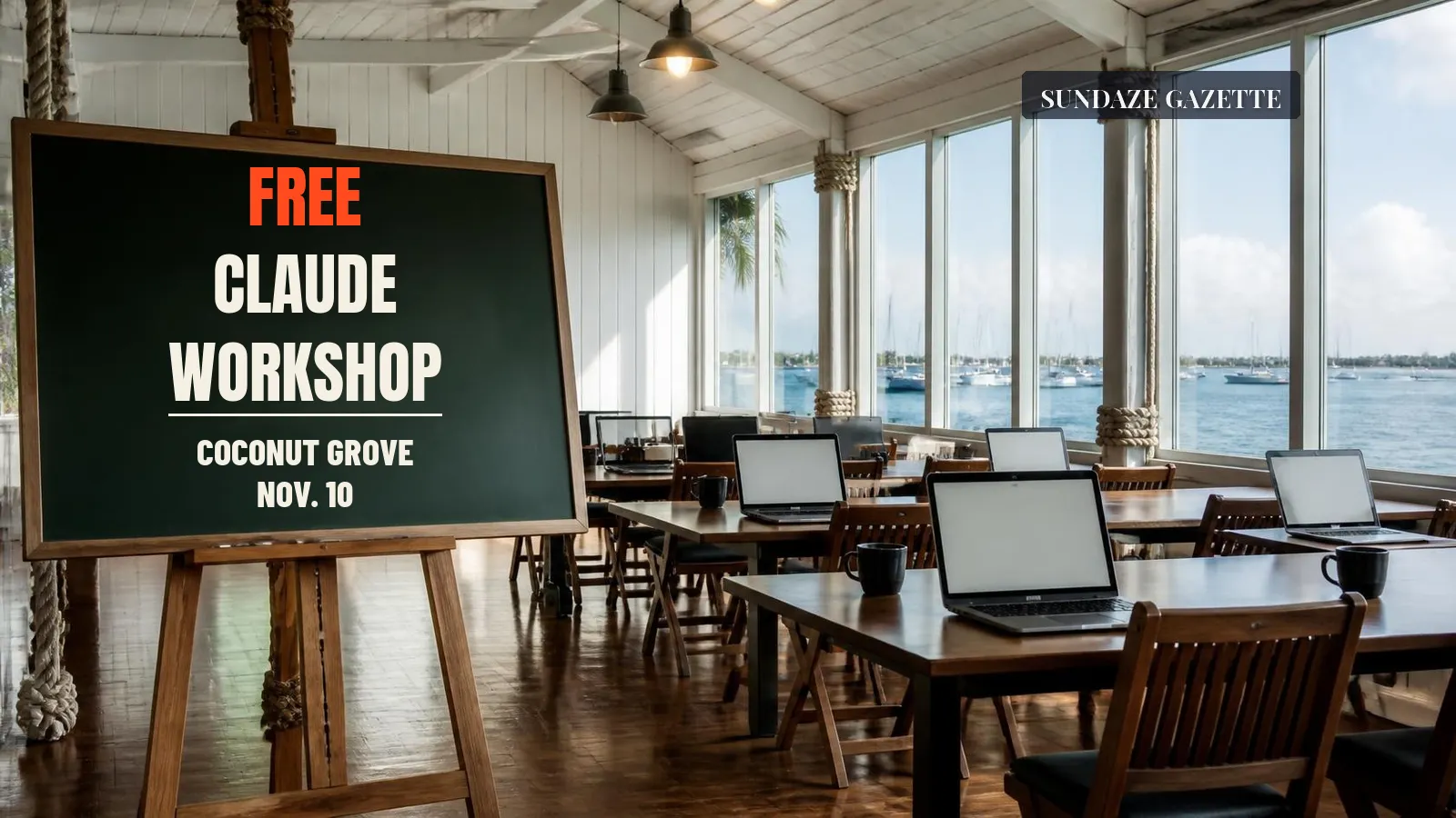 Illustration of a bayfront sailing club room with laptops on tables and sailboats outside, a chalkboard easel reading Free Claude Workshop, Coconut Grove, Nov. 10.