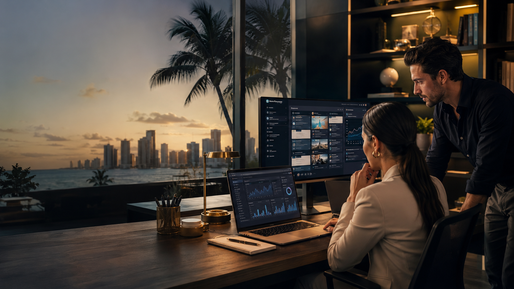 South Florida business team reviewing AI workflow dashboards in a modern office at sunset.