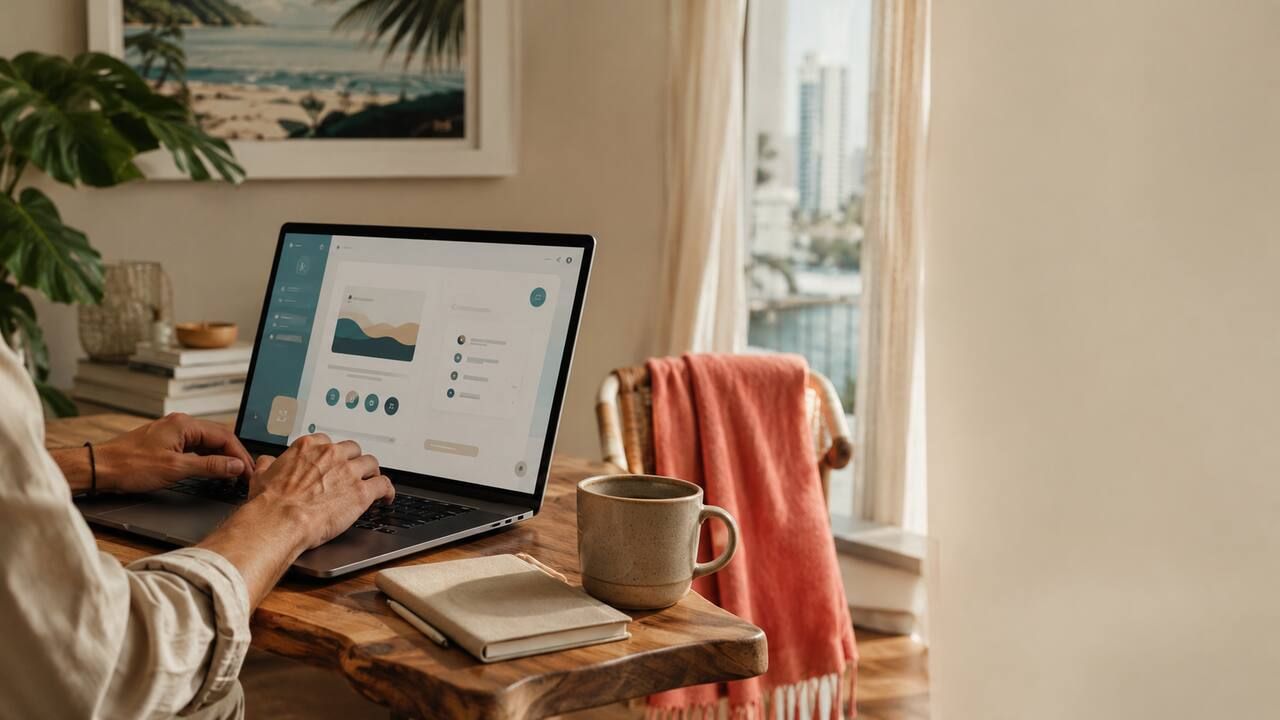 Hands typing on a laptop in a sunlit Fort Lauderdale home office with a generic AI interface visible.