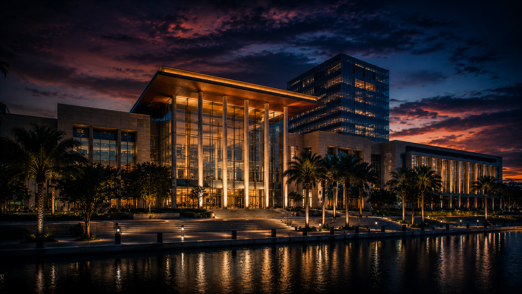 A South Florida county government and civic center illuminated at dusk, framed by palm trees and a reflecting waterfront.