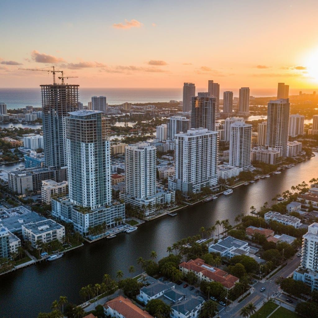 Fort Lauderdale skyline at sunset, modern buildings reflecting vibrant hues over a calm waterway, suggesting growth & beauty