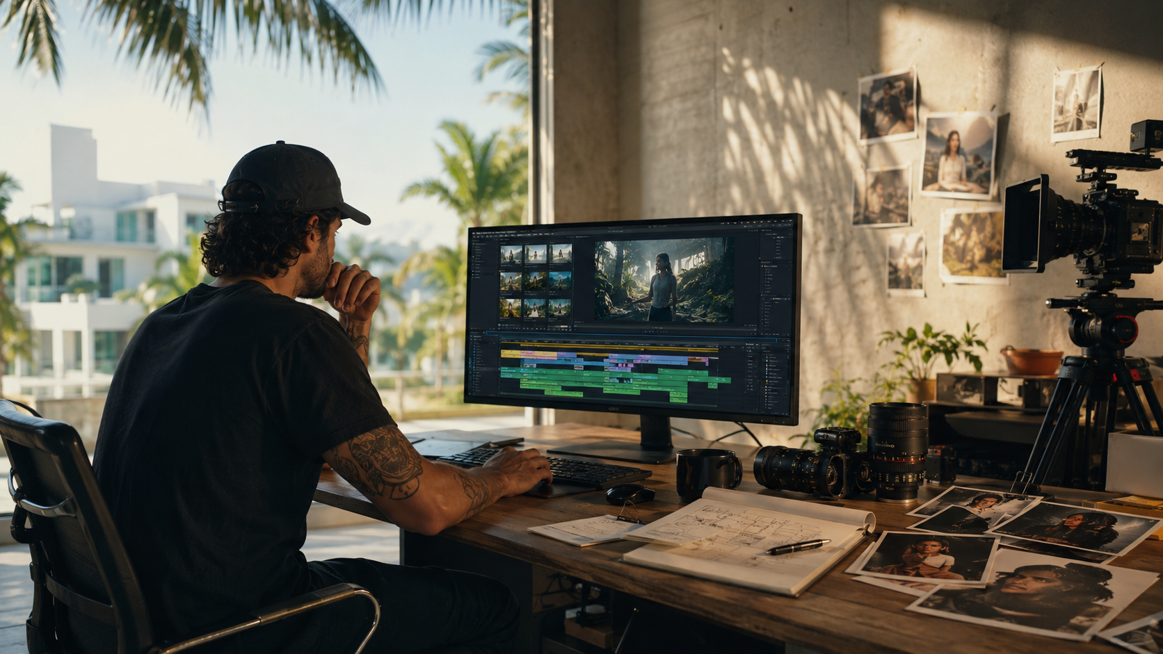Editorial feature art depicting traditional film production elements being transformed or overtaken by futuristic AI interfaces and digital creations, symbolizing the disruption and innovati