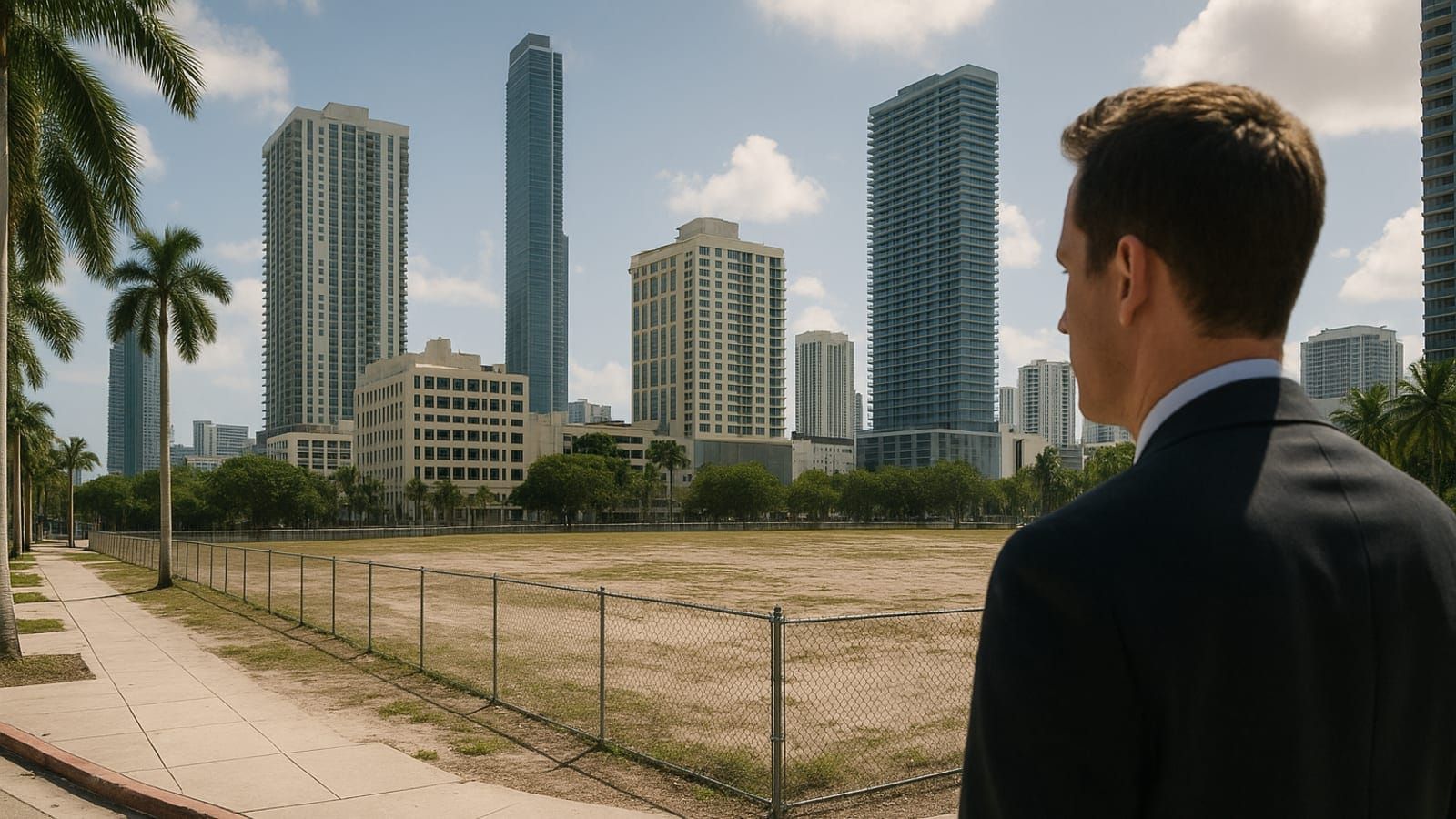 A man in a suit looks at the vacant One Miami World development site in downtown Miami, surrounded by skyscrapers.