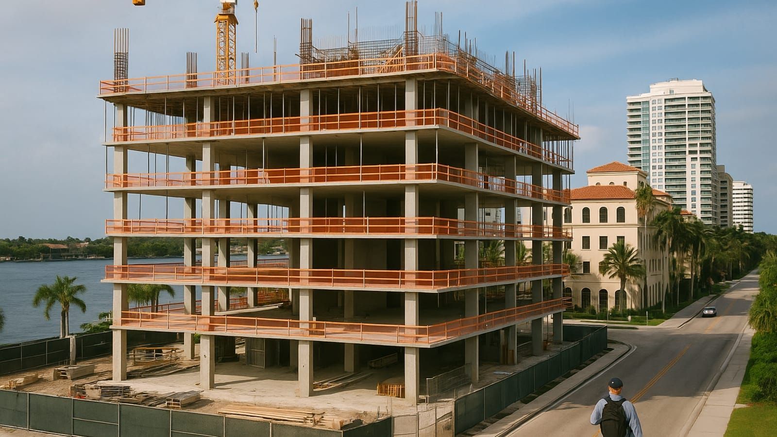 A multi-story office building under construction along the waterfront in Palm Beach County, South Florida.
