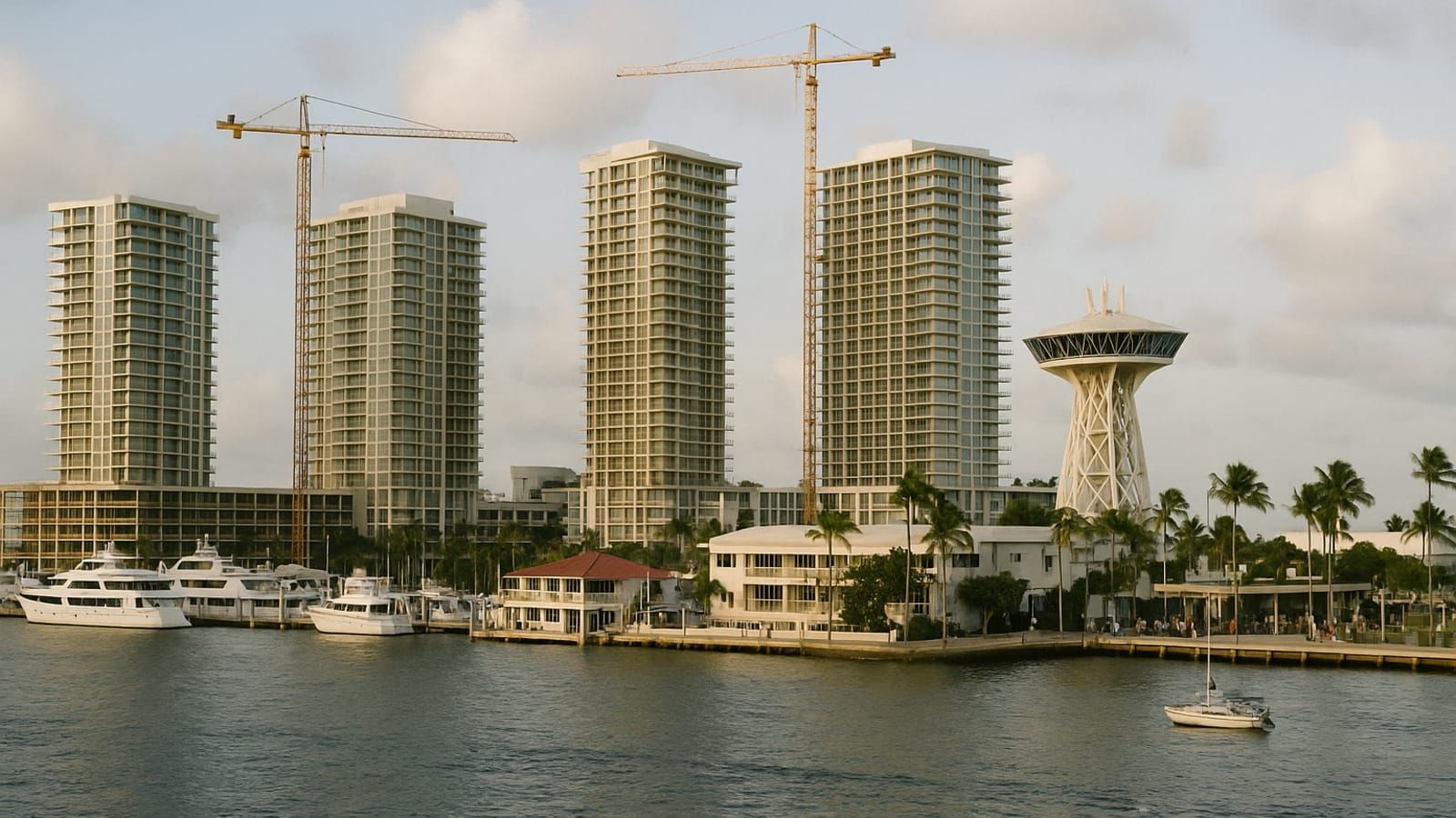 Four high-rise towers under construction next to the iconic Pier Sixty-Six tower on the Fort Lauderdale waterfront.