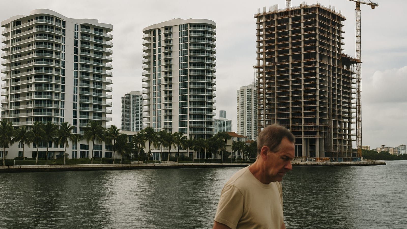 Completed and under-construction condominiums along a waterfront in Miami-Dade, South Florida.