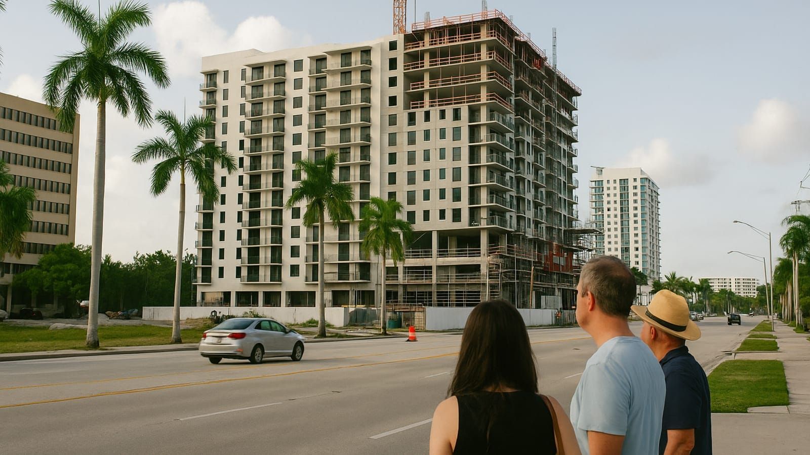 Pedestrians look across a street at new apartment construction in Fort Lauderdale's Uptown district.