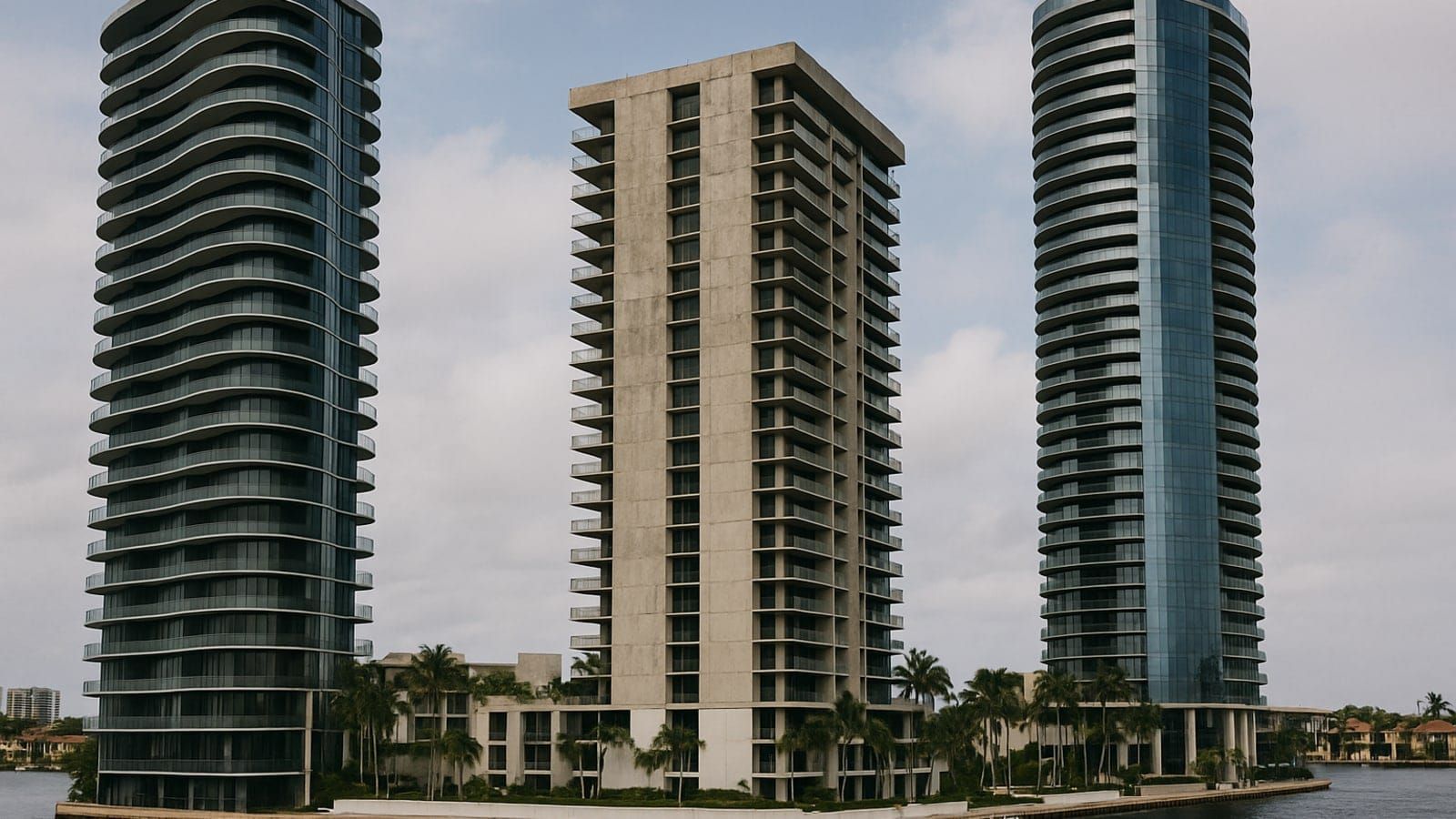 Three luxury condominium towers rise along a South Florida waterway.