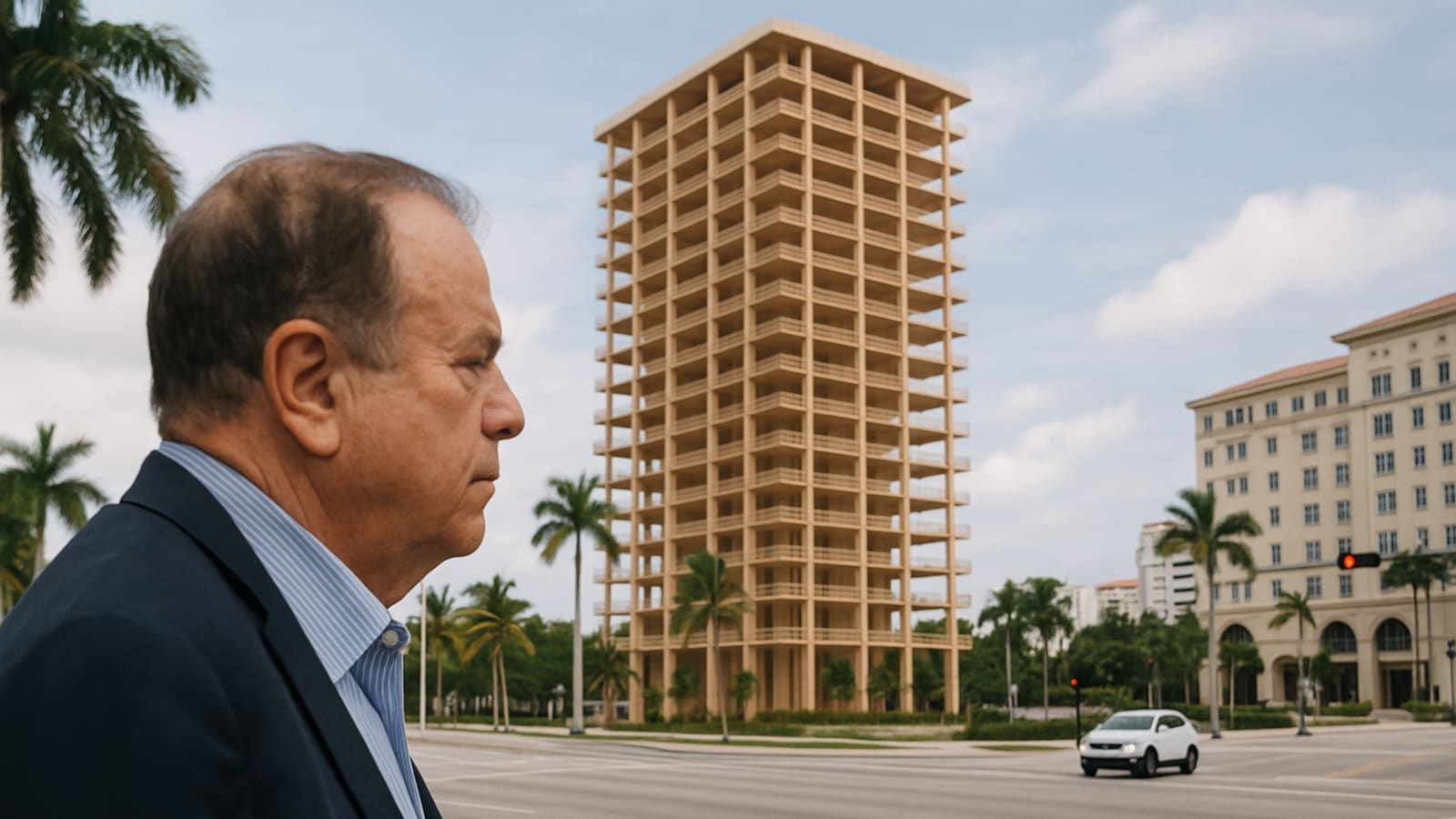 Jeff Greene in profile with a rendering of the proposed mass timber tower in West Palm Beach.