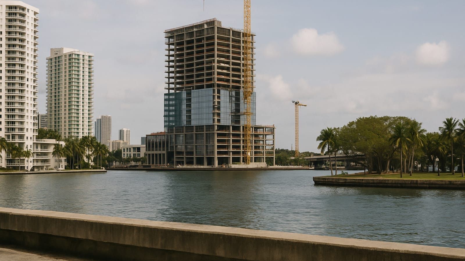 Waterfront skyscraper construction in Miami's Brickell district, highlighting South Florida real estate development.