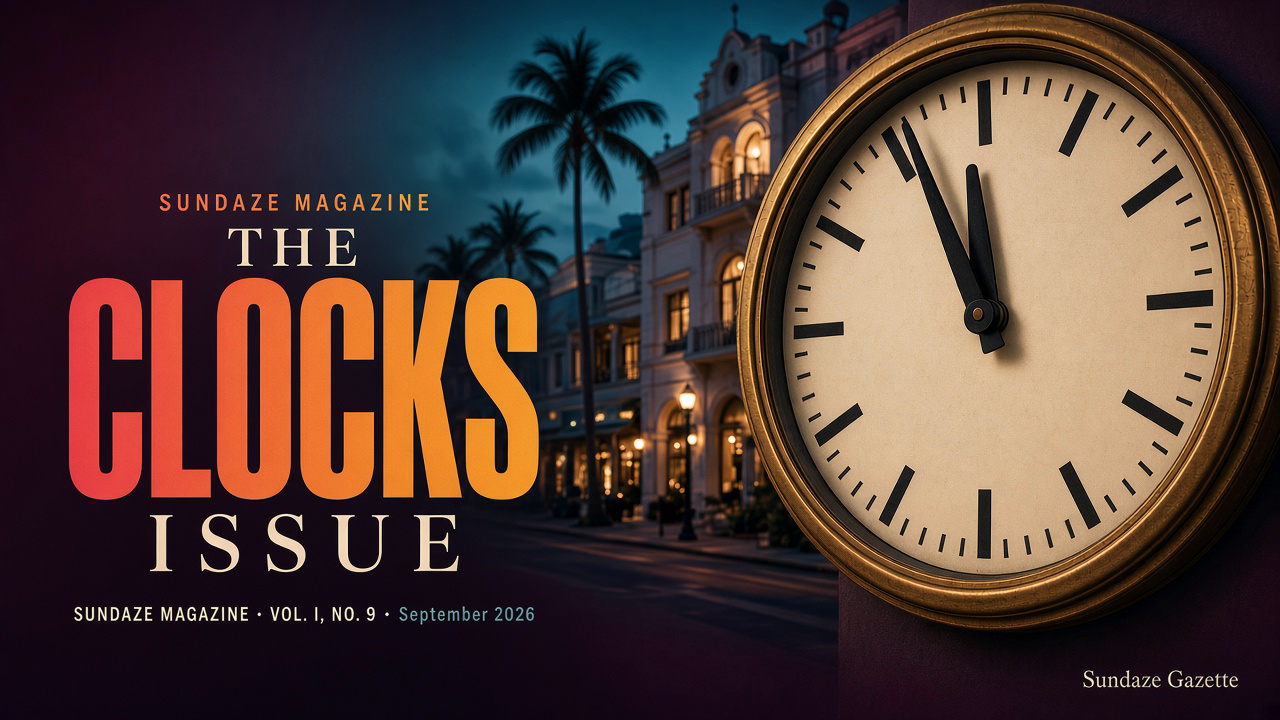 Vintage brass civic clock at five minutes to midnight on a South Florida street at dusk; cover title in art reads The Clocks Issue, Sundaze Magazine Vol. I, No. 9, September 2026