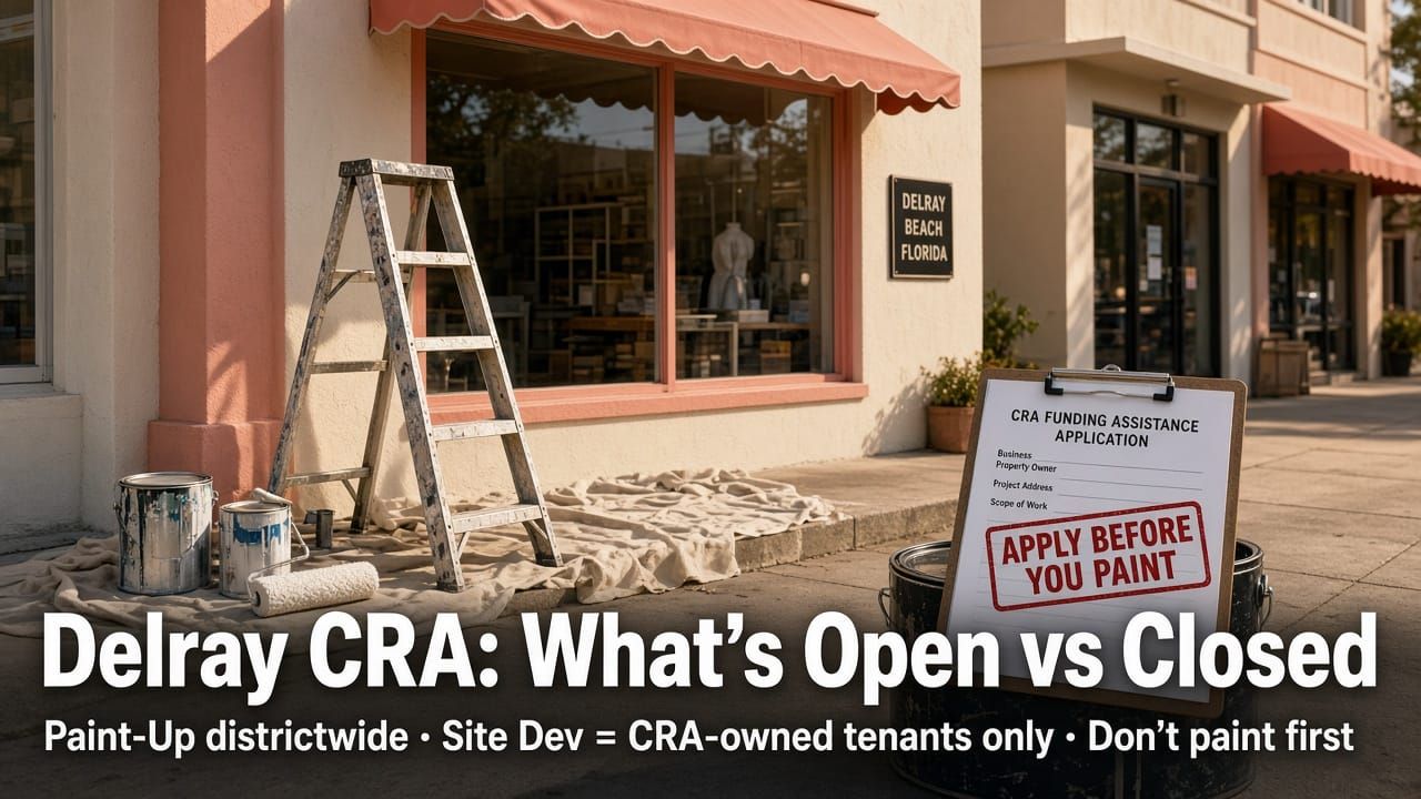 Delray Beach commercial storefront with paint supplies staged but unused and a CRA funding application stamped Apply Before You Paint; headline: Delray CRA What’s Open vs Closed — Paint-Up di