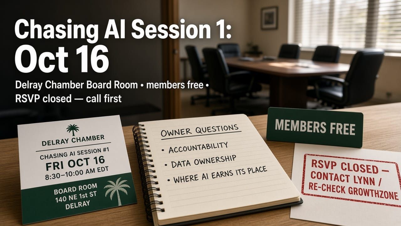 Owner prep desk with a Delray Chamber Chasing AI Session 1 card for Friday Oct 16 8:30–10 a.m. at the Board Room, an accountability and data-ownership notebook, a Members Free badge, and an R