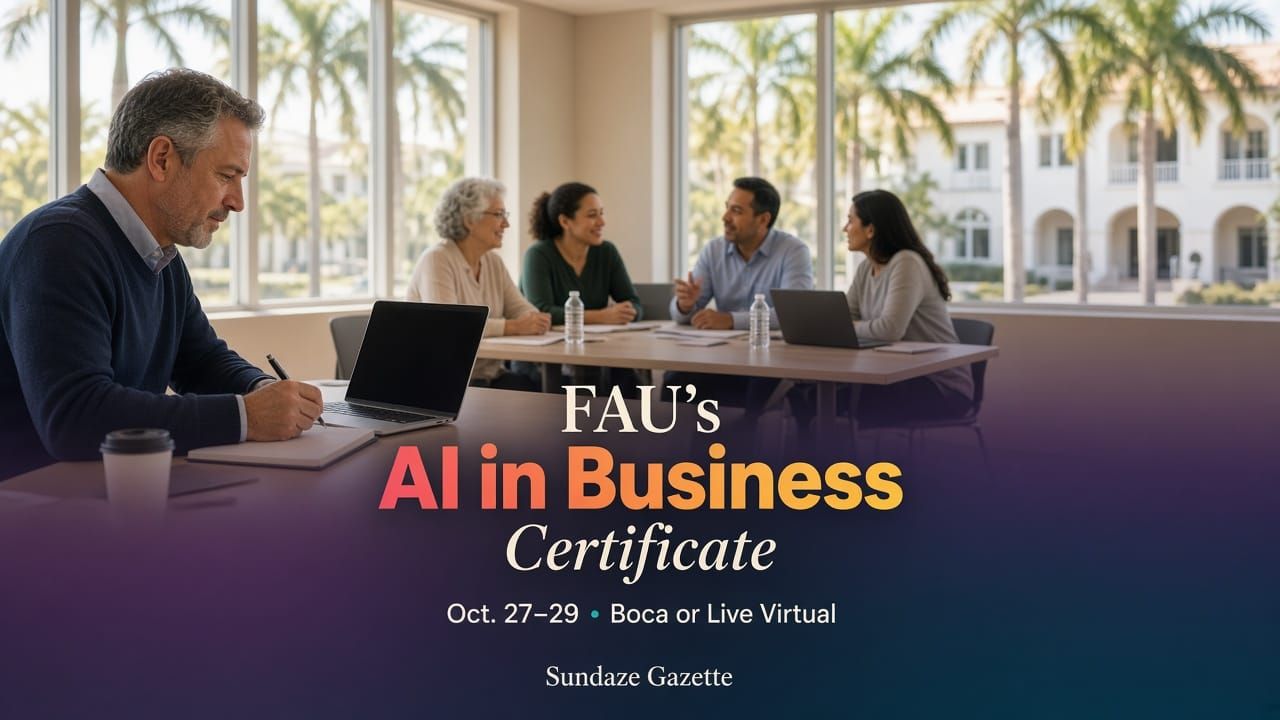 Midcareer owners in a sunlit Boca Raton executive-education classroom; title in art reads FAU's AI in Business Certificate, Oct. 27–29, Boca or Live Virtual