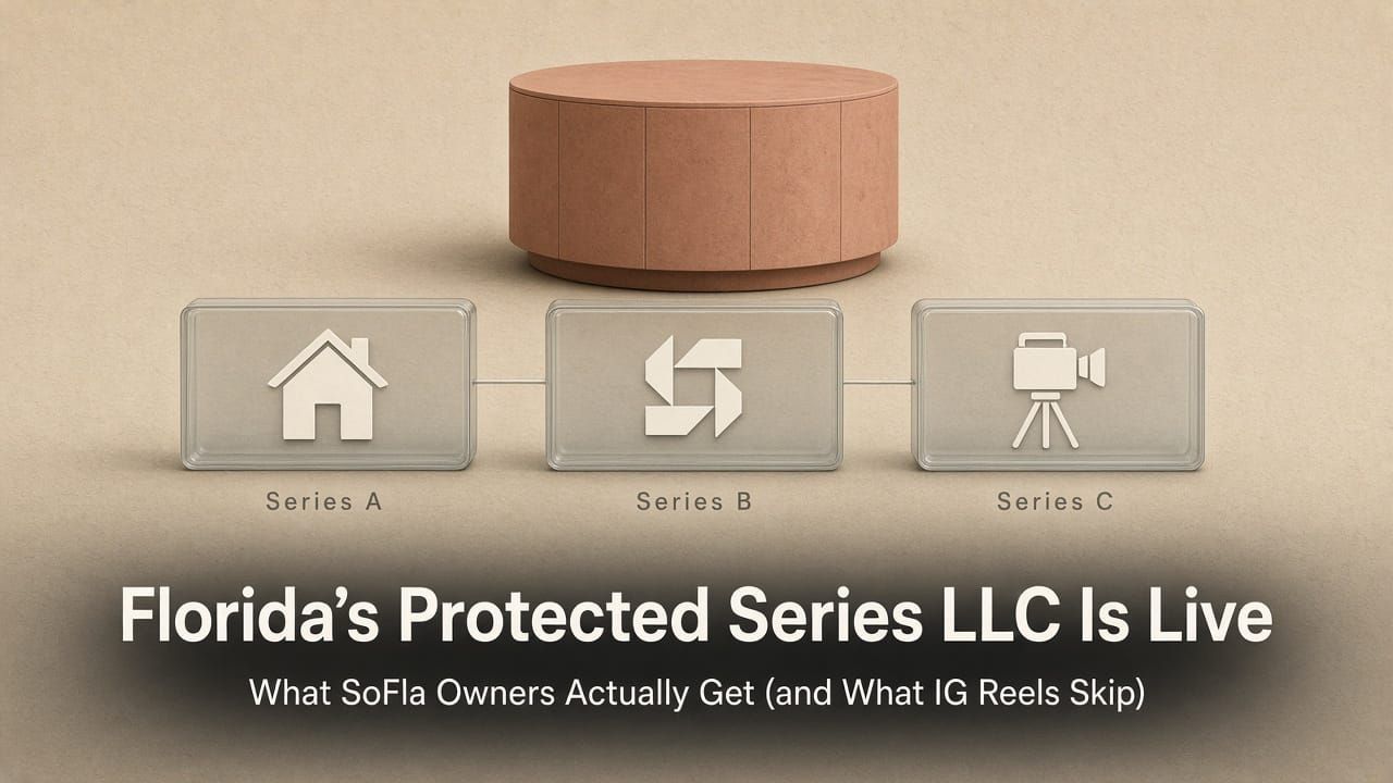 Mothership LLC with three horizontal protected-series cells (house, brand mark, camera); titled Florida Protected Series LLC live — SoFla owner map vs marketing reels.