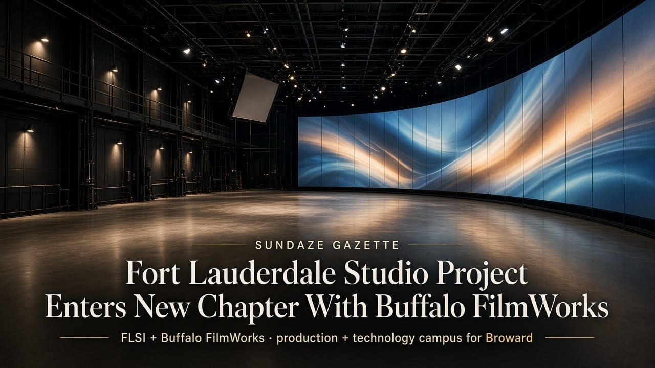 Interior high-tech film/production studio stage with designed title about Fort Lauderdale studio project and Buffalo FilmWorks.