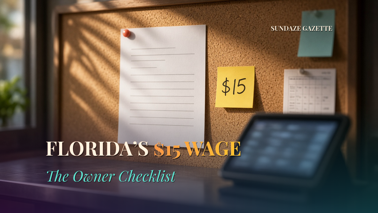 A workplace notice and a "$15" sticky note pinned to a cafe kitchen corkboard, with the title Florida's $15 Wage: The Owner Checklist on the image.