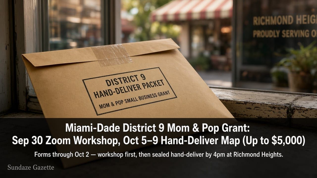 Sealed kraft District 9 Hand-Deliver Packet / Mom & Pop Small Business Grant envelope on a shop windowsill with soft Richmond Heights storefront awning bokeh, overlaid with designed headline 