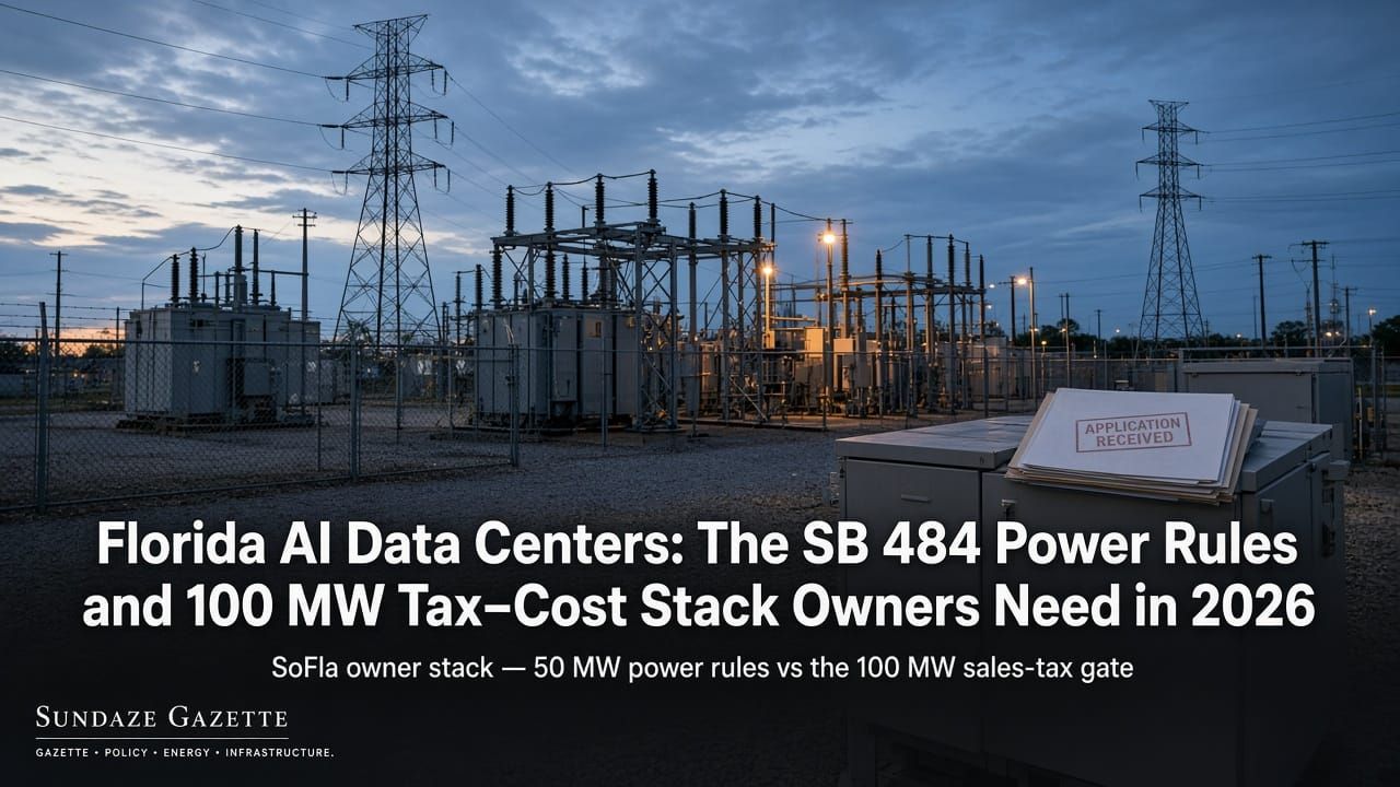 Blue-hour Florida utility substation and transmission towers with an APPLICATION RECEIVED paperwork folder, overlaid with the article headline and Sundaze Gazette watermark.