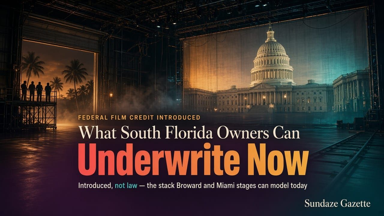 South Florida soundstage at night with silhouetted crew and a painted U.S. Capitol backdrop; title in art reads Federal Film Credit Introduced: What South Florida Owners Can Underwrite Now