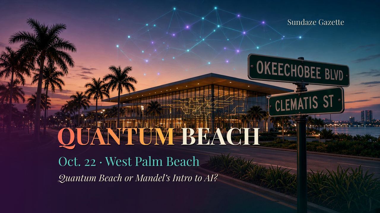 Blue-hour West Palm Beach scene with a glowing convention center, palms, a qubit-lattice sky and a street sign for Okeechobee Blvd and Clematis St, titled Quantum Beach, Oct. 22.