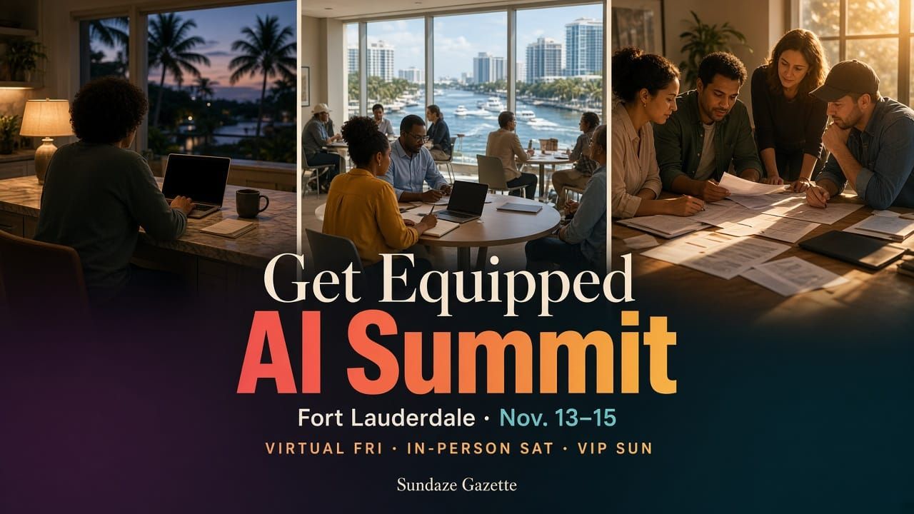 Three-panel scene of South Florida owners working on laptops at home, in a waterfront room and at a roundtable; title in art reads Get Equipped AI Summit, Fort Lauderdale, Nov. 13–15